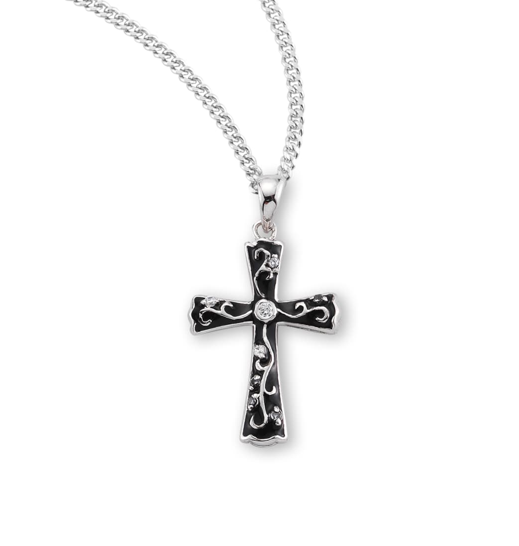 HMH Religious Black Enameled w/CZ Crystals Sterling Silver Cross,Z3400BK,