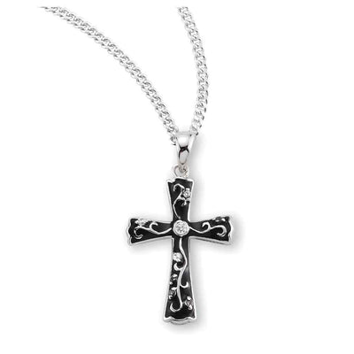 Black epoxy sterling silver cross necklace with crystal cubic zirconia and an 18-inch chain (view 1)