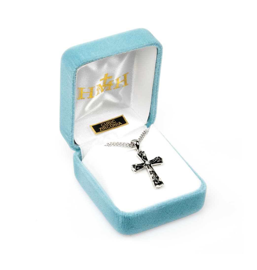 HMH Religious Black Enameled w/CZ Crystals Sterling Silver Cross in Gift Box,