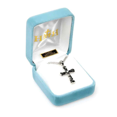 Black epoxy sterling silver cross necklace with crystal cubic zirconia and an 18-inch chain in gift box (view 3)
