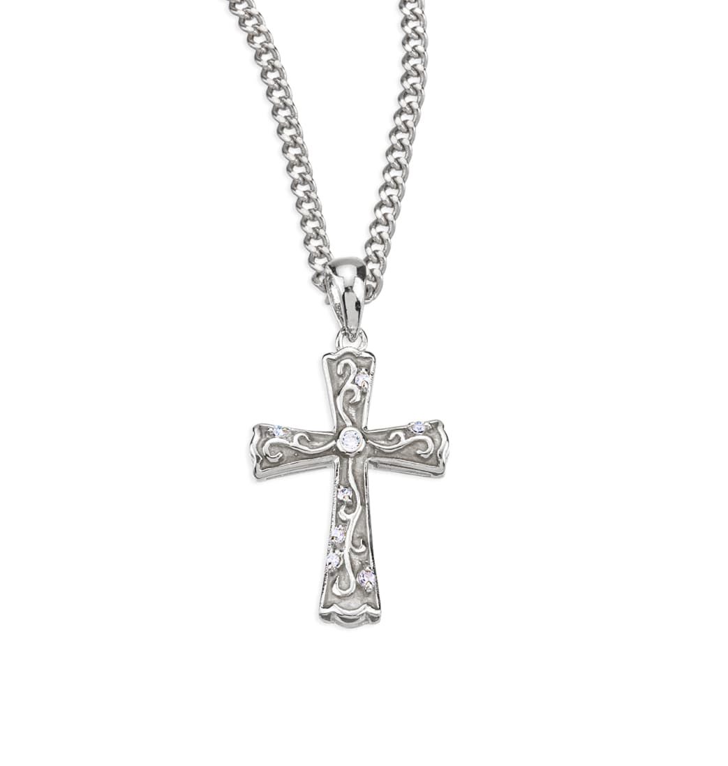 HMH Religious White Enameled w/CZ Crystal Sterling Silver Cross,Z3400WH,