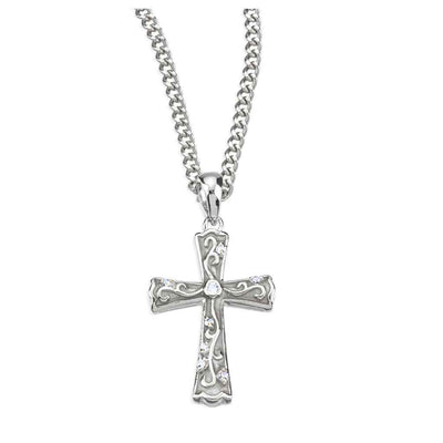 White epoxy sterling silver cross necklace with crystal zirconia and an 18-inch chain (view 1)