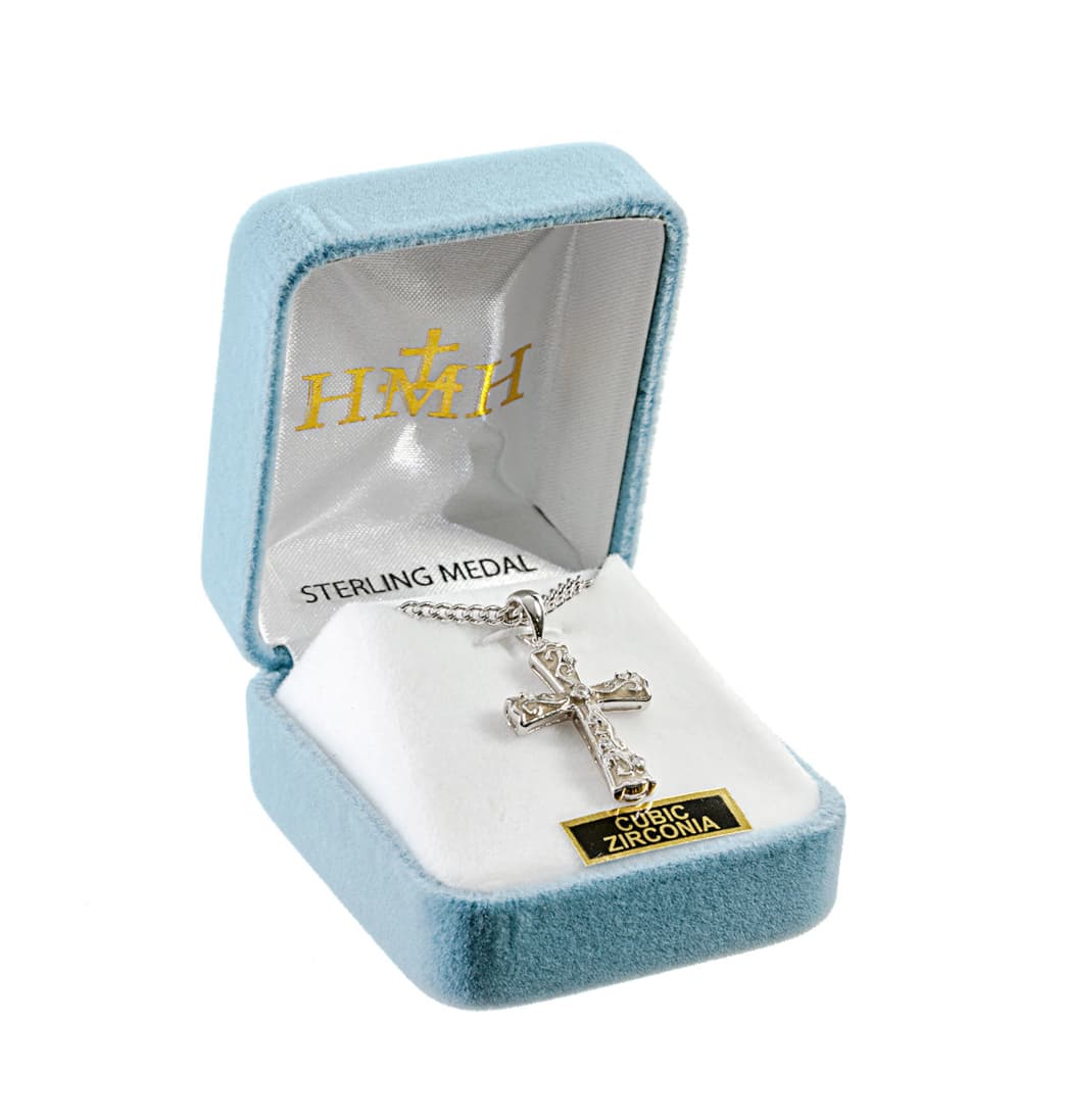 HMH Religious White Enameled w/CZ Crystal Sterling Silver Cross in Gift Box,