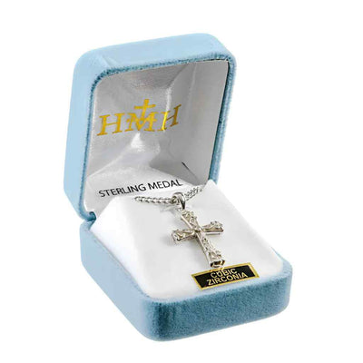 White epoxy sterling silver cross necklace with crystal zirconia and an 18-inch chain in gift box (view 2)