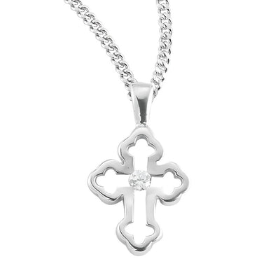 Clover Shaped Tip Sterling Silver Cross w/Border & Cubic Zirconia CZ Center, HMH Religious