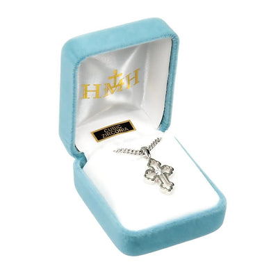 Clover Shaped Tip Sterling Silver Cross w/Border & Cubic Zirconia CZ Center in Deluxe Gift Box, HMH Religious
