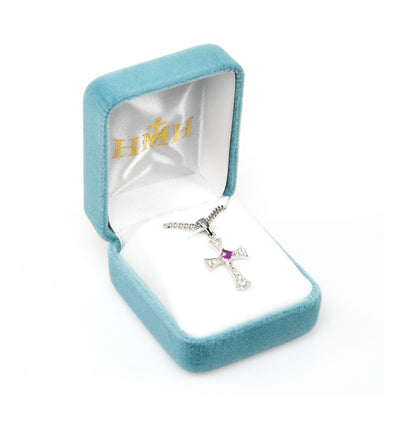 Sterling Silver Cubic Zircon and Fuchsia Cross in Gift Box, HMH Religious