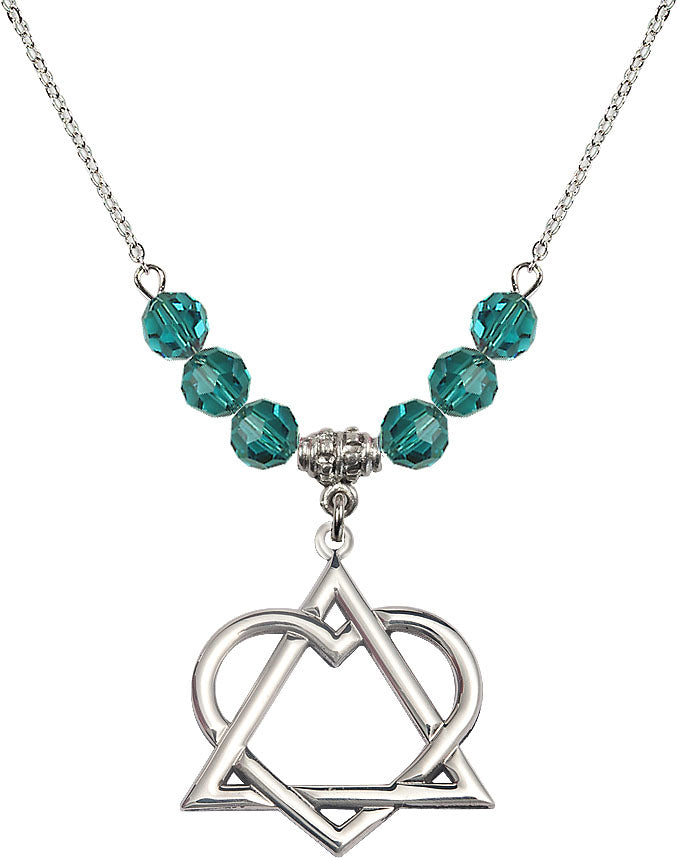 18" Rhodium Plated Necklace with 6mm Zircon Crystal Beads featuring a Sterling Silver Adoption Heart Medal