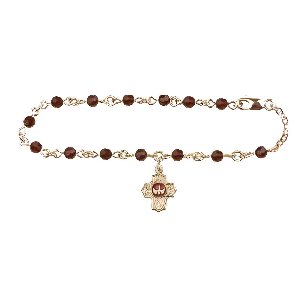 Bliss Confirmation Crystal Gold-plated 5-Way Cross Charm Bracelet with 4mm Austrian round ruby crystal beads.