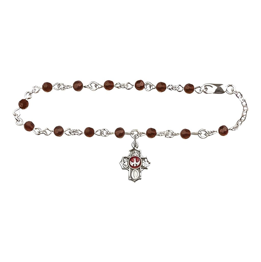 Bliss Confirmation Crystal Silver-plated 5-Way Cross Charm Bracelet with 4mm Austrian round ruby crystal beads.