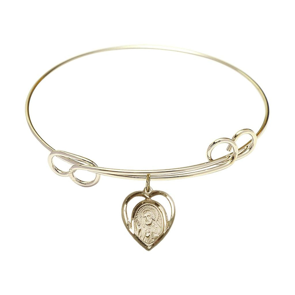 Bliss Scapular Sacred Heart of Jesus | Our Lady of Mount Carmel 14kt Gold-filled Heart Shaped Charm with a Double Loop Gold-Plated Bangle Bracelet, Heart Shaped Charm.