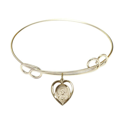 Scapular Sacred Heart of Jesus, Our Lady of Mount Carmel 14kt Gold-filled Heart Shaped Charm with a Double Loop Gold-Plated Bangle Bracelet, Heart Shaped Charm, Bliss Manufacturing