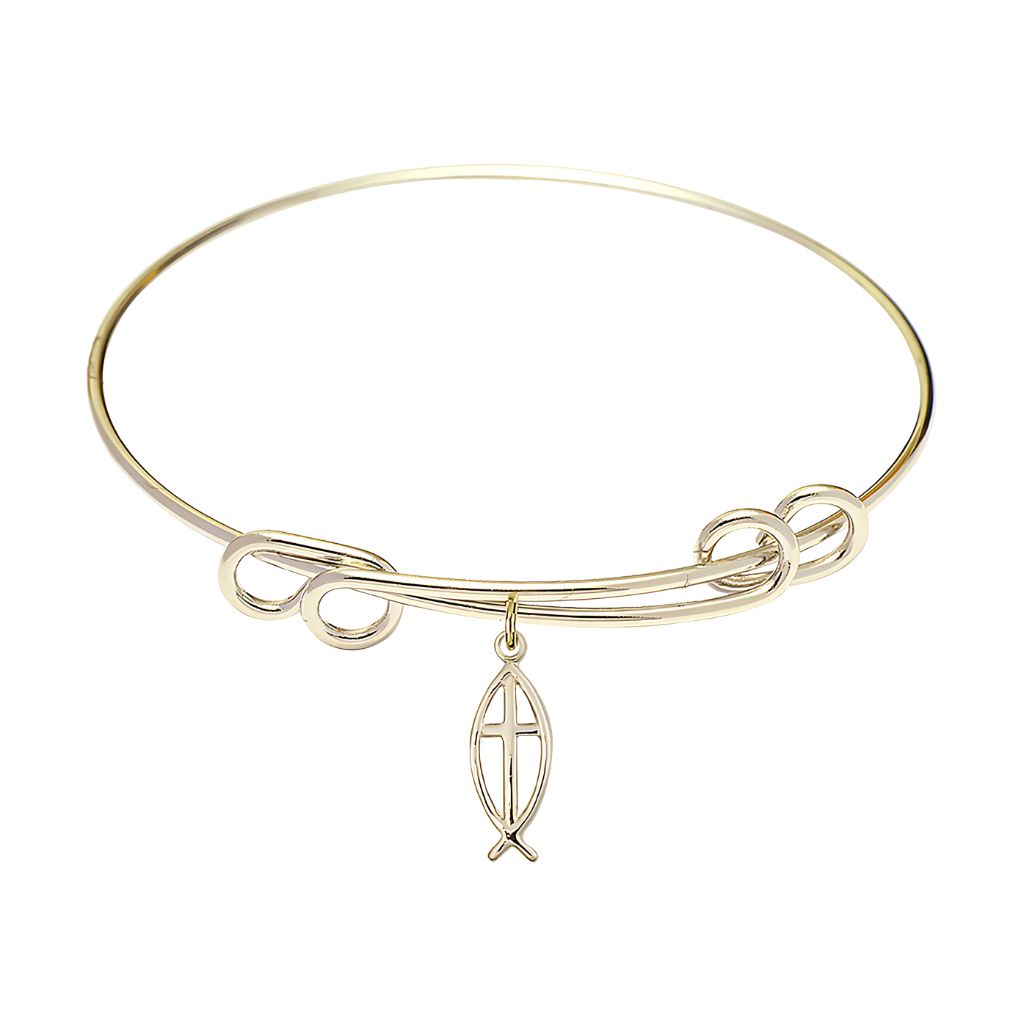 Bliss Christian double loop design gold-plated bangle with a gold-filled Fish Cross charm 1/2" x 1/4"