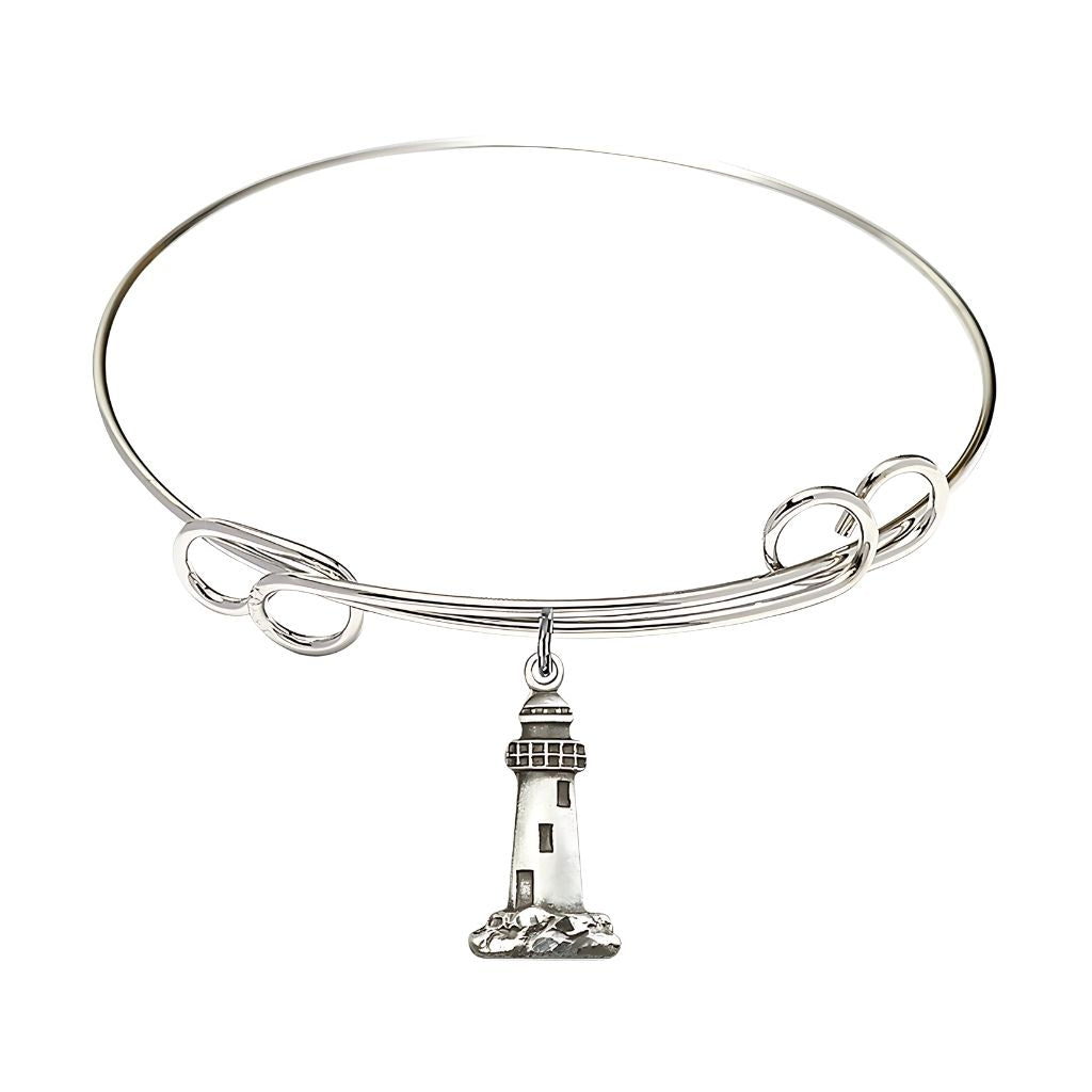 Bliss Lighthouse Gold-filled Round Double Loop Bangle Bracelet, Medal Measures 3/4-inch tall by 3/8-inch wide.