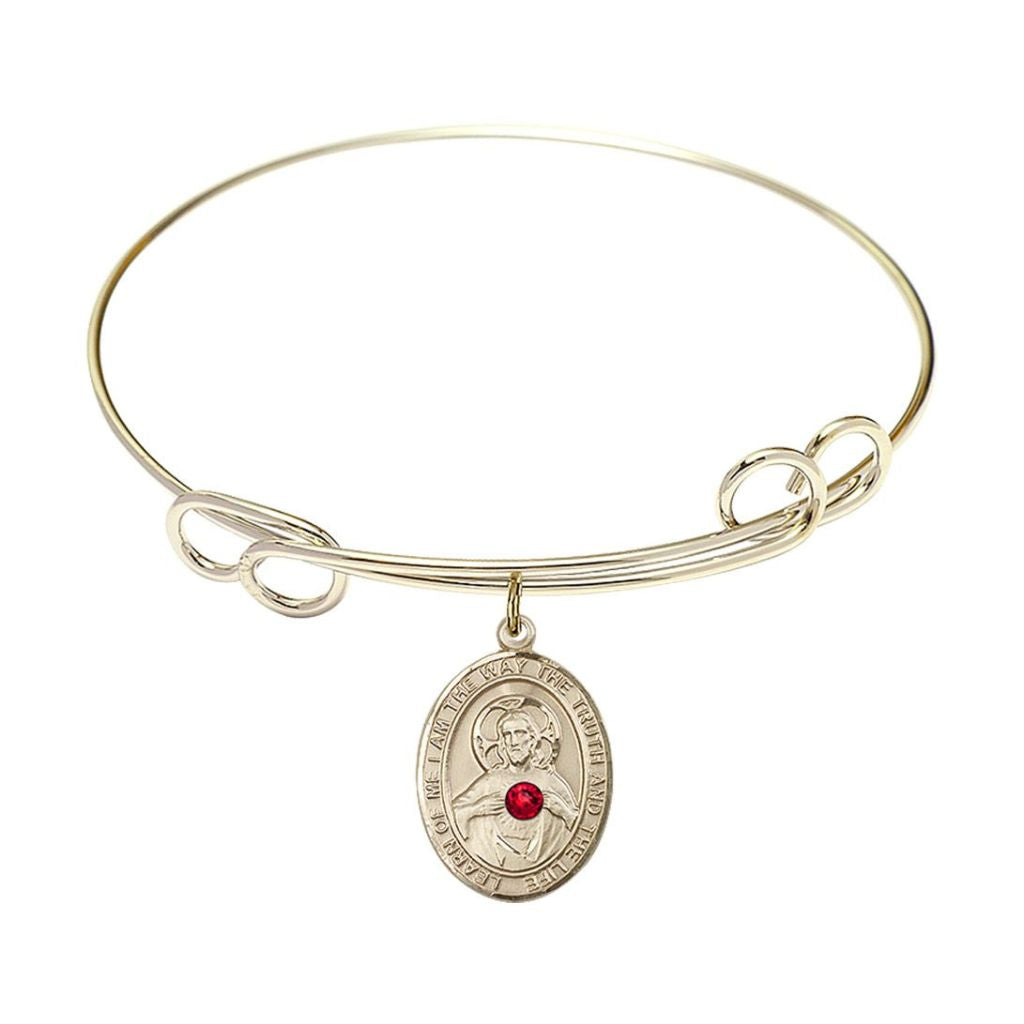 Bliss Scapular Sacred Heart of Jesus and Our Lady of Mount Carmel 14kt Gold-filled Oval Red Crystal Charm with a Double Loop Gold-Plated Bangle Bracelet, Oval Red Crystal Charm Size: 3/4-inch x 1/2-inch, Gift Box