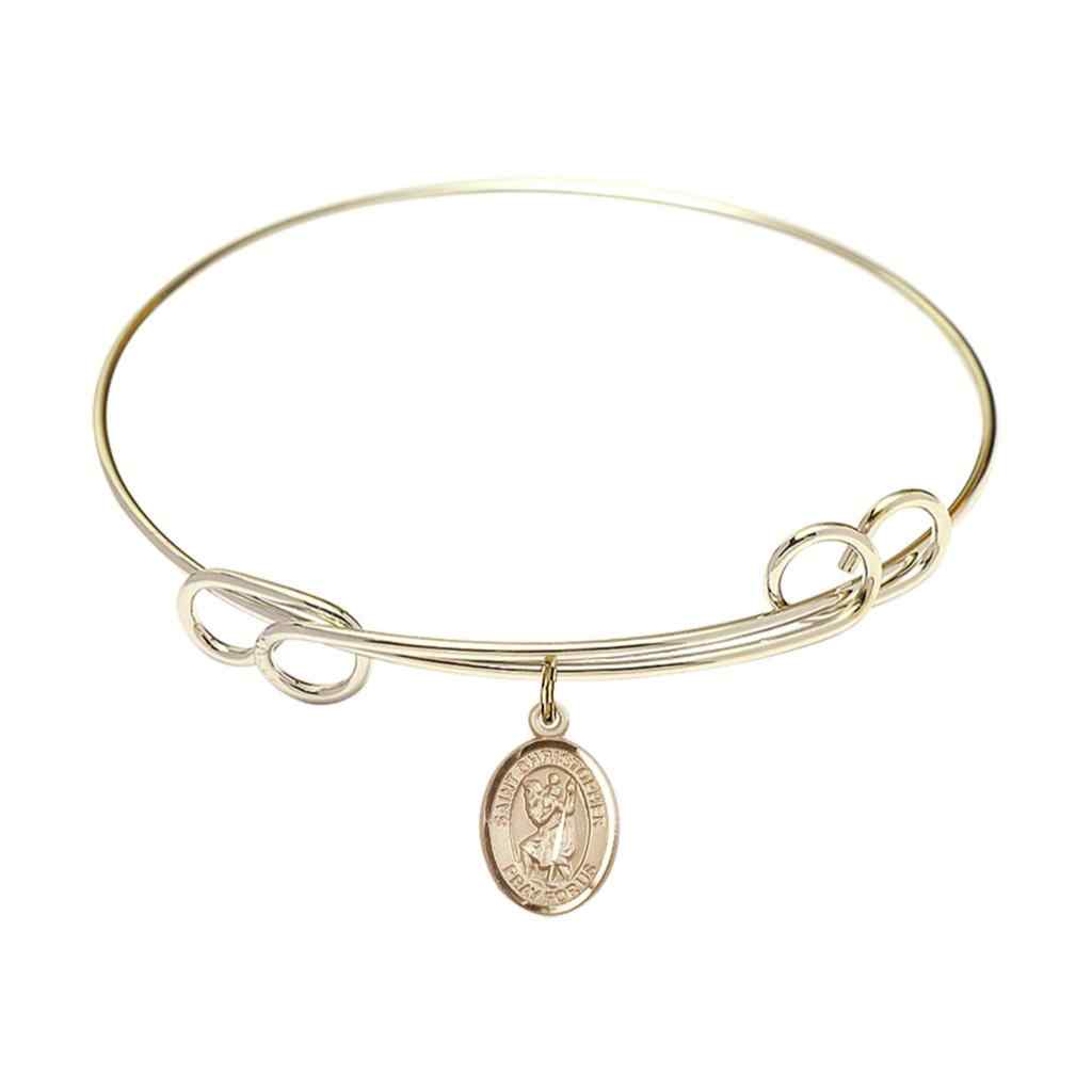 St. Christopher 14kt Gold-filled Charm with a Double Loop Design Gold-Plated Bangle Bracelet, Charm Size 1/2 x 1/4