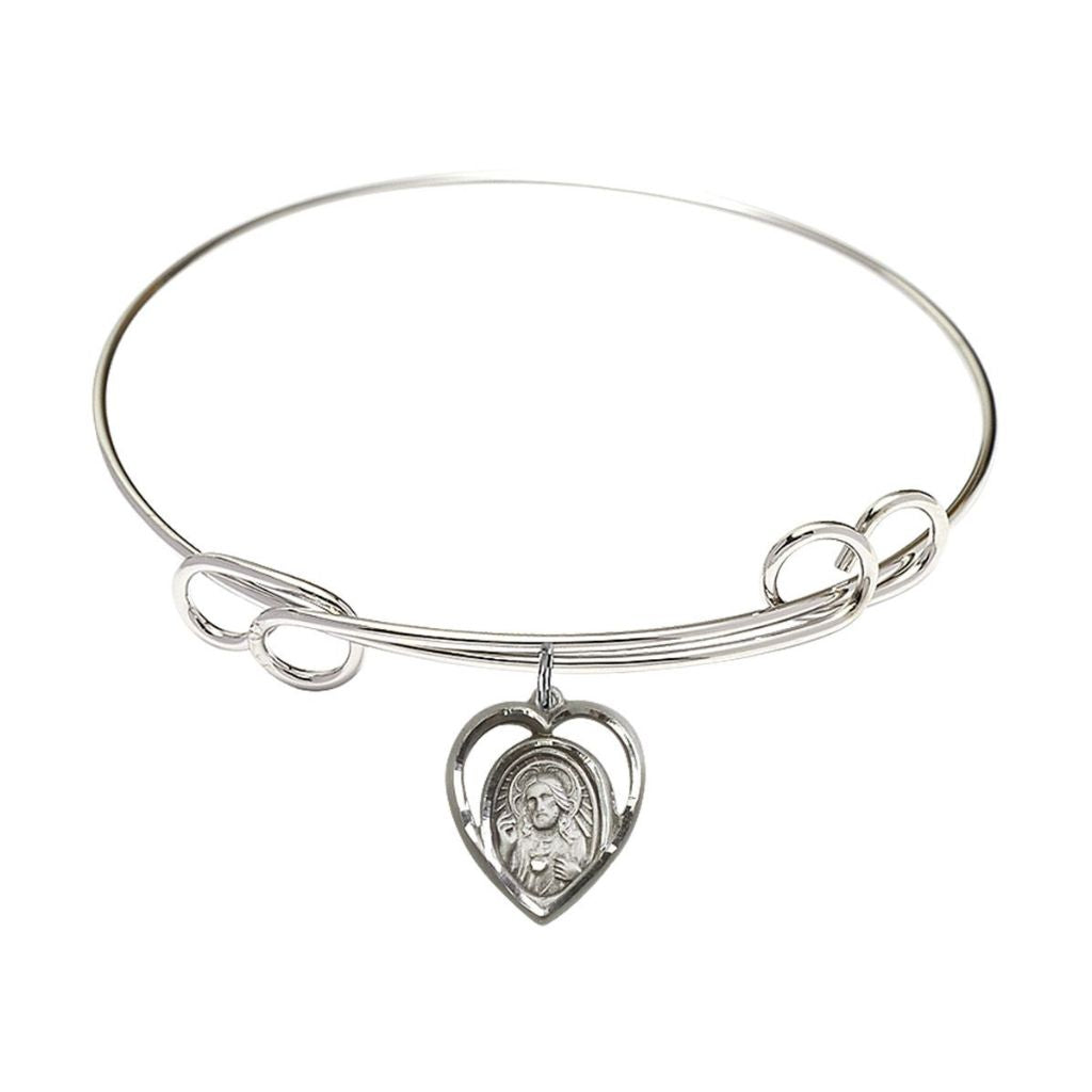 Bliss Scapular Sacred Heart of Jesus | Our Lady of Mount Carmel Sterling Silver Heart Shaped Charm with a Double Loop Rhodium Plated Bangle Bracelet, Heart Shaped Charm.
