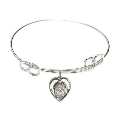Scapular Sacred Heart of Jesus, Our Lady of Mount Carmel Sterling Silver Heart Shaped Charm with a Double Loop Rhodium Plated Bangle Bracelet, Heart Shaped Charm, Bliss Manufacturing