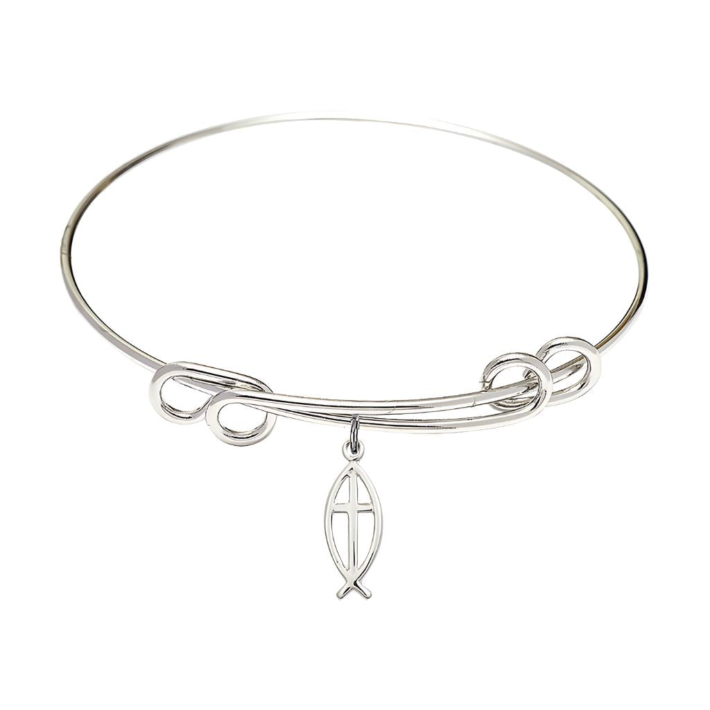 Bliss Christian double loop design Rhodium-plated bangle with a sterling silver Fish Cross charm 1/2" x 1/4"