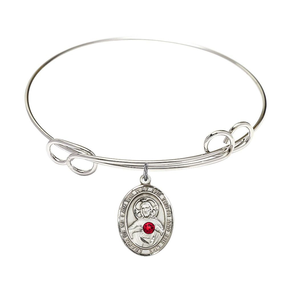 Bliss Scapular Sacred Heart of Jesus and Our Lady of Mount Carmel Sterling Silver Oval Red Crystal Charm with a Double Loop Rhodium Plated Bangle Bracelet, Oval Red Crystal Charm Size: 3/4-inch x 1/2-inch, Gift Box