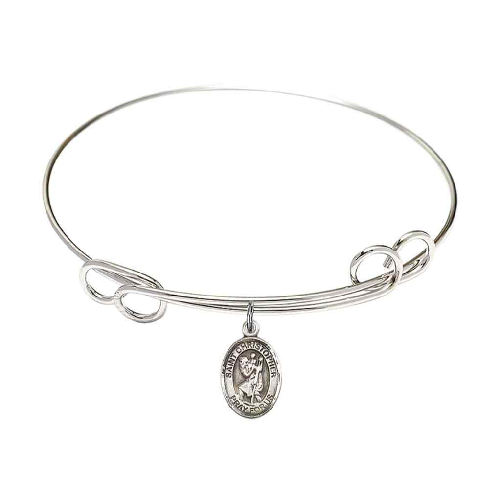 St. Christopher Sterling Silver Charm with a Double Loop Design Rhodium Plated Bangle Bracelet, Charm Size 1/2 x 1/4