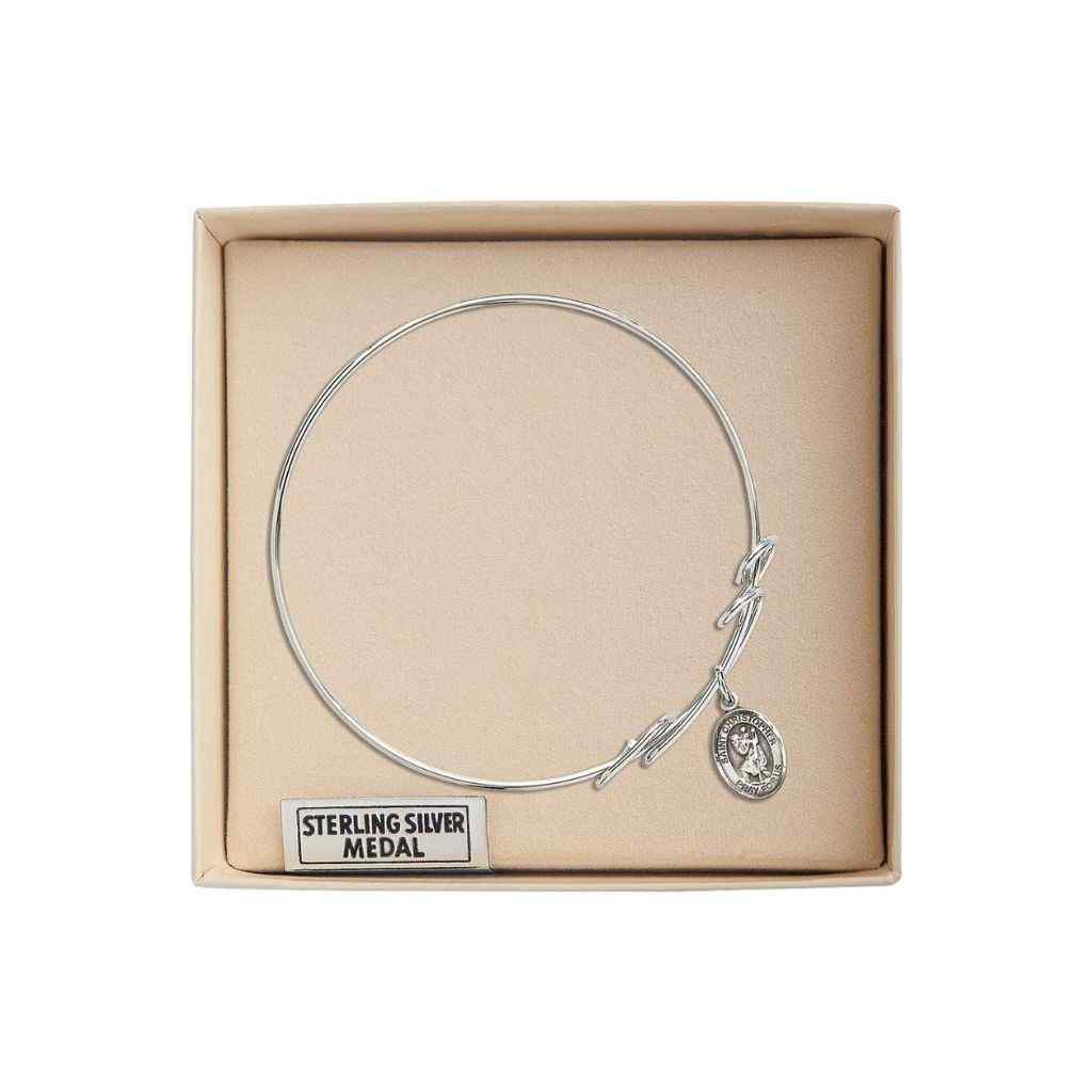 St. Christopher Sterling Silver Charm with a Double Loop Design Rhodium Plated Bangle Bracelet, Charm Size 1/2 x 1/4 in Gift Box