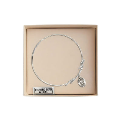 St. George Sterling Silver Medal Charm 1/2x1/4 with Double Loop Rhodium-Plated Bangle Bracelet in Gift Box, Bliss Manufacturing