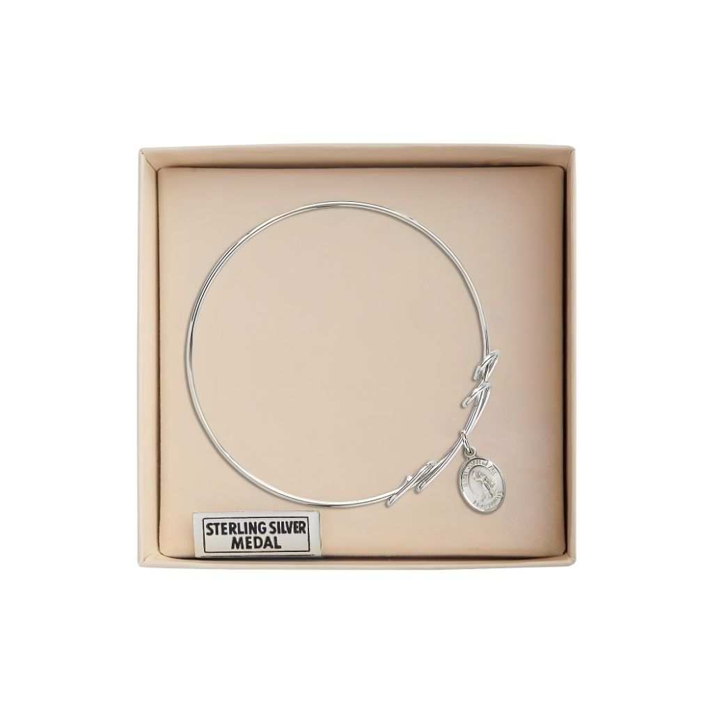 Bliss St. Joan of Arc Sterling Silver Charm with a Double Loop Rhodium Plated Bangle Bracelet, Charm Size: 1/2 x 1/4 in Gift Box