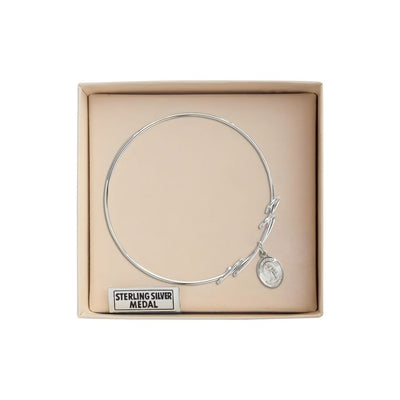 St. Joan of Arc Sterling Silver Charm with a Double Loop Rhodium Plated Bangle Bracelet, Charm Size: 1/2 x 1/4 in Gift Box, Bliss Manufacturing