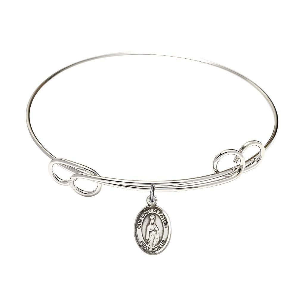 Bliss Our Lady of Fatima Sterling Silver Charm with a Double Loop Rhodium Plated Bangle Bracelet, Charm Size: 1/2 x 1/4, Gift Box
