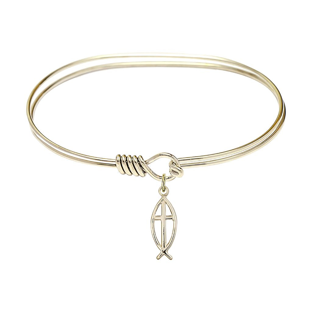 Bliss Christian oval eye hook design gold-plated bangle with a gold-filled Fish Cross charm 1/2" x 1/4"