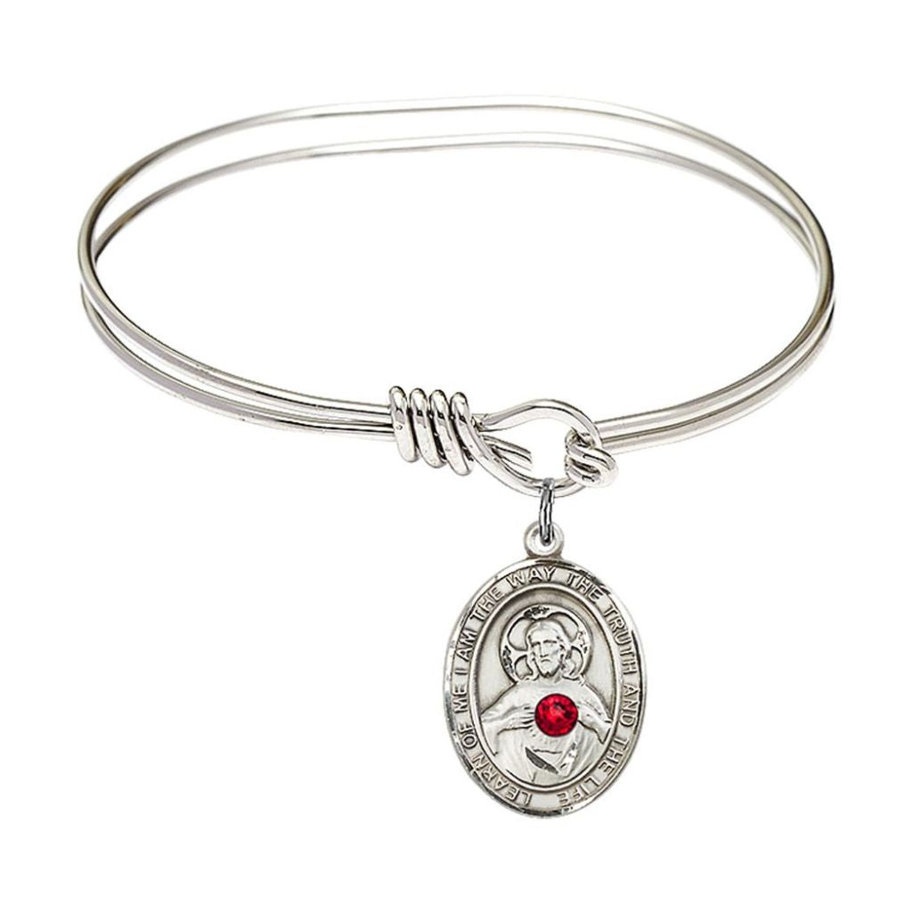 Bliss Scapular Sacred Heart of Jesus and Our Lady of Mount Carmel Sterling Silver Oval Red Crystal Charm with a Oval Hook Rhodium Plated Bangle Bracelet, Oval Red Crystal Charm Size: 3/4-inch x 1/2-inch, Gift Box