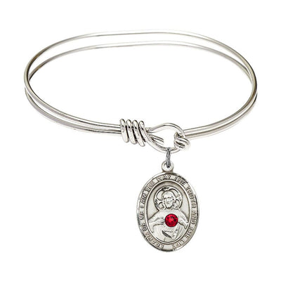 Scapular Sacred Heart of Jesus and Our Lady of Mount Carmel Sterling Silver Oval Red Crystal Charm with a Oval Hook Rhodium Plated Bangle Bracelet, Oval Red Crystal Charm Size:, Bliss Manufacturing