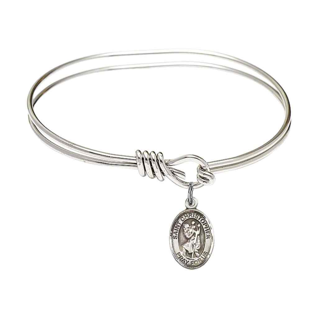 St. Christopher Sterling Silver Charm with a Oval Hook Design Rhodium Plated Bangle Bracelet, Charm Size 1/2 x 1/4