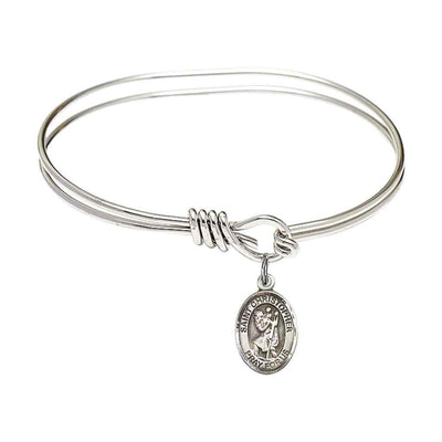 St. Christopher Sterling Silver Charm with a Oval Hook Design Rhodium Plated Bangle Bracelet, Charm Size 1/2 x 1/4