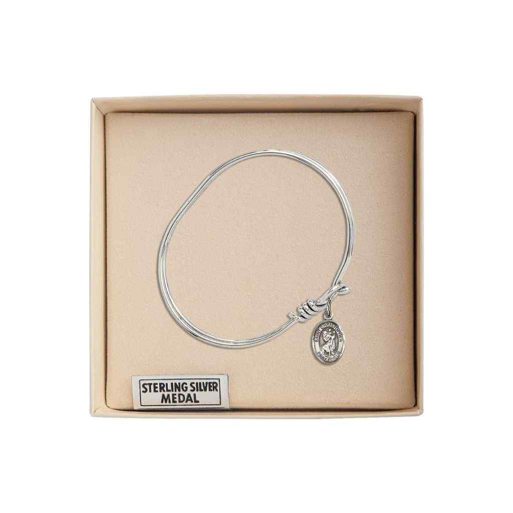 St. Christopher Sterling Silver Charm with a Oval Hook Design Rhodium Plated Bangle Bracelet, Charm Size 1/2 x 1/4 in Gift Box