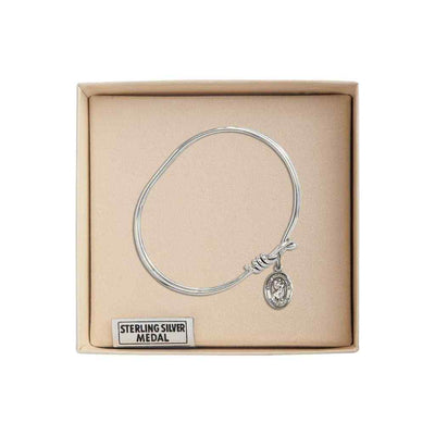 St. Christopher Sterling Silver Charm with a Oval Hook Design Rhodium Plated Bangle Bracelet, Charm Size 1/2 x 1/4 in Gift Box