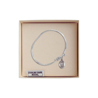 St. George Sterling Silver Medal Charm 1/2x1/4 with Oval Hook Rhodium-Plated Bangle Bracelet in gift box, Bliss Manufacturing