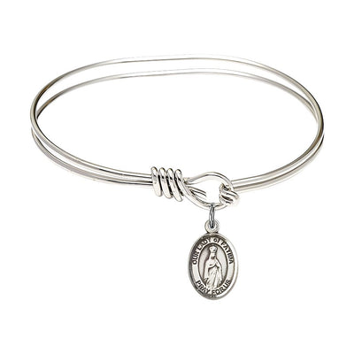 Our Lady of Fatima Sterling Silver Charm with a Oval Hook Rhodium Plated Bangle Bracelet, Charm Size: 1/2 x 1/4, Gift Box, Bliss Manufacturing