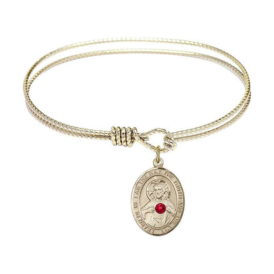 Scapular Sacred Heart of Jesus and Our Lady of Mount Carmel 14kt Gold-filled Oval Red Crystal Charm with a Twist Design Gold-Plated Bangle Bracelet, Oval Red Crystal Charm Size:, Bliss Manufacturing