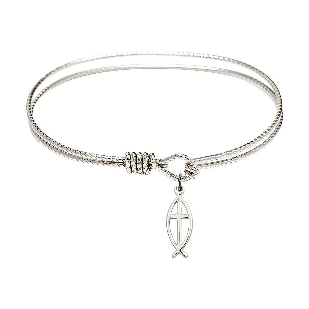Bliss Christian twist design Rhodium-plated bangle with a sterling silver Fish Cross charm 1/2" x 1/4"
