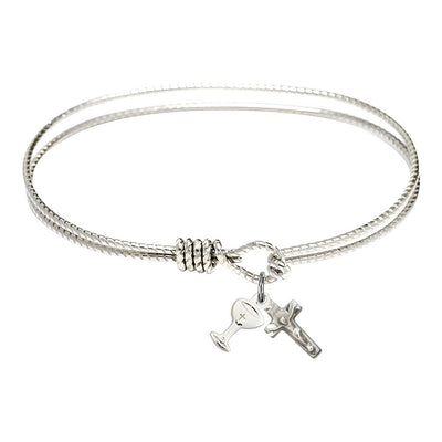 Communion Chalice and Crucifix Cross Silver-plated Charm Bangle Bracelet, Children Size 6 1/4, Bliss Manufacturing