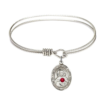 Scapular Sacred Heart of Jesus and Our Lady of Mount Carmel Sterling Silver Oval Red Crystal Charm with a Twist Design Rhodium Plated Bangle Bracelet, Oval Red Crystal Charm Size:, Bliss Manufacturing