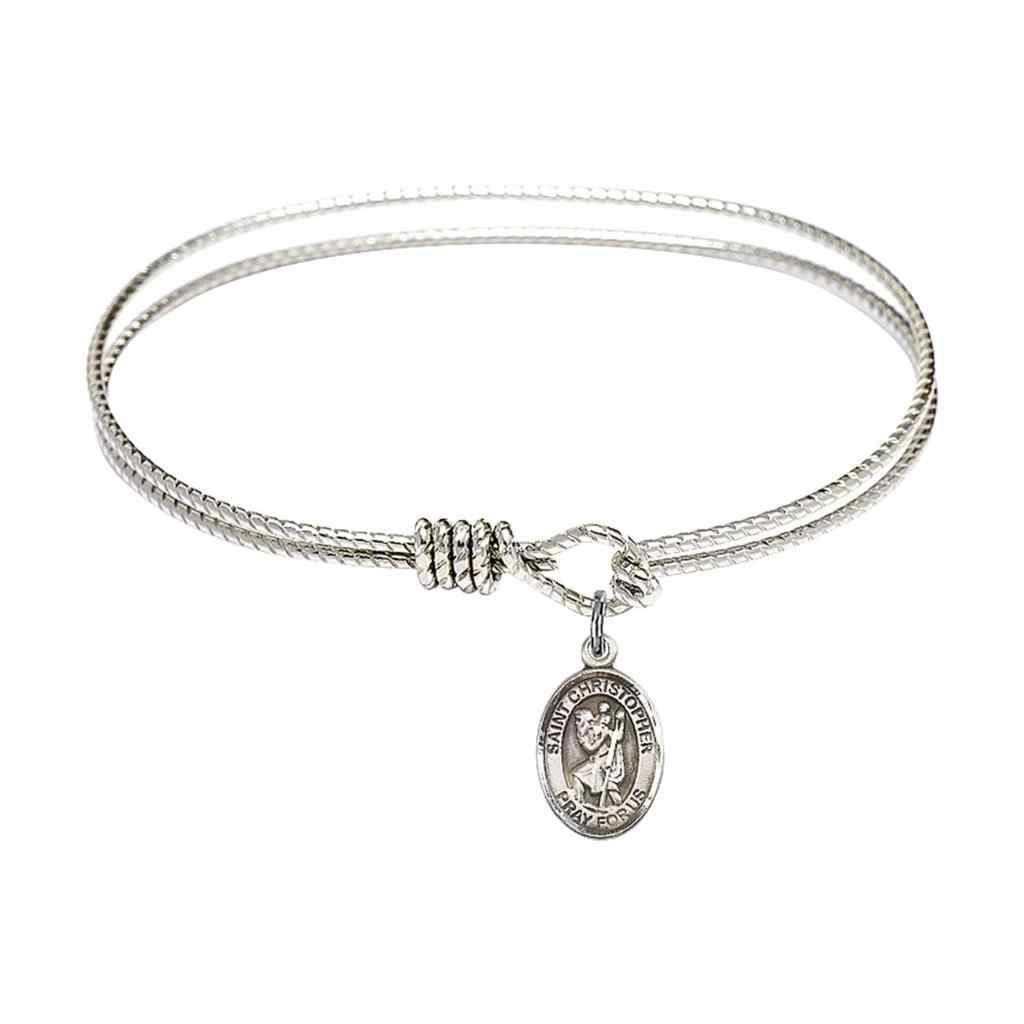 St. Christopher Sterling Silver Charm with a Twist Design Rhodium Plated Bangle Bracelet, Charm Size 1/2 x 1/4
