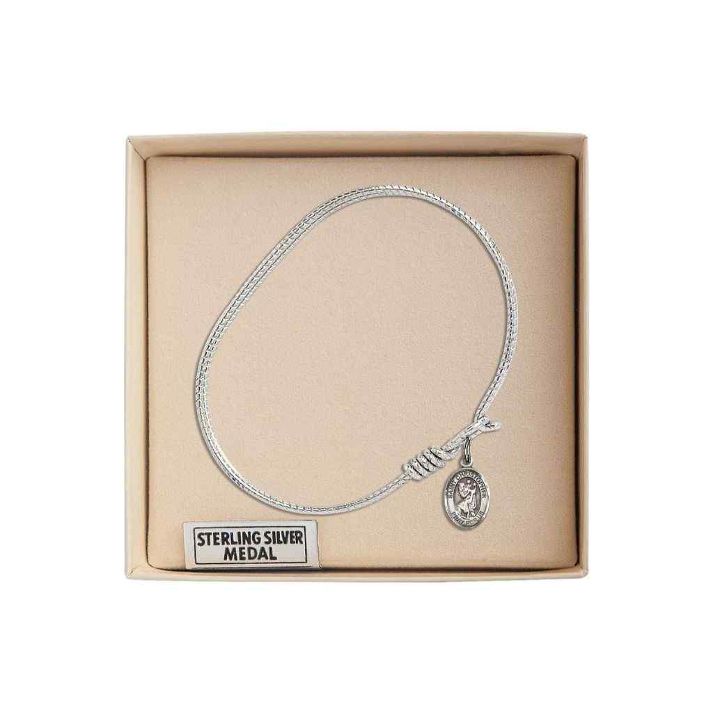 St. Christopher Sterling Silver Charm with a Twist Design Rhodium Plated Bangle Bracelet, Charm Size: 1/2 x 1/4 in Gift Box