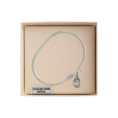 St. Christopher Sterling Silver Charm with a Twist Design Rhodium Plated Bangle Bracelet, Charm Size: 1/2 x 1/4 in Gift Box