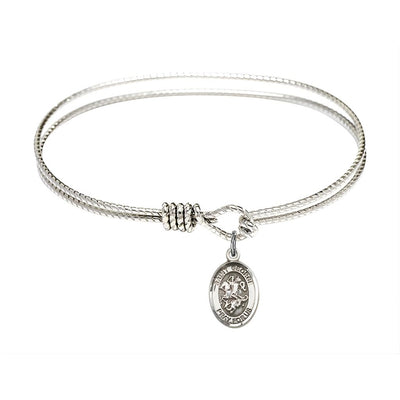 St. George Sterling Silver Medal Charm 1/2x1/4 with Oval Hook Rhodium-Plated Bangle Bracelet, Children and Teen Bangle Sizes: 6 1/4 inches or 7 1/4-inches, Bliss Manufacturing