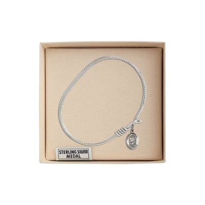 St. George Sterling Silver Medal Charm 1/2x1/4 with Oval Hook Rhodium-Plated Bangle Bracelet in Gift Box, Bliss Manufacturing