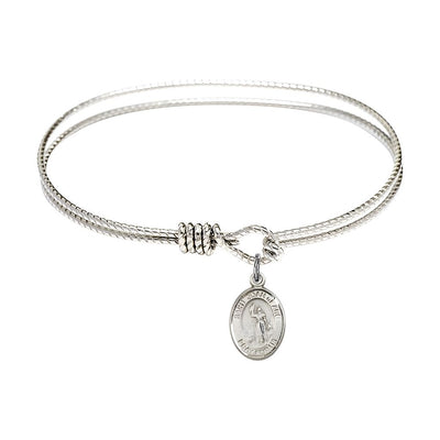 St. Joan of Arc Sterling Silver Charm with a Twist Design Rhodium Plated Bangle Bracelet, Charm Size: 1/2 x 1/4, Gift Box, Bliss Manufacturing