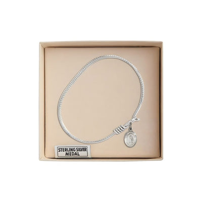 St. Joan of Arc Sterling Silver Charm with a Twist Design Rhodium Plated Bangle Bracelet, Charm Size: 1/2 x 1/4 in Gift Box, Bliss Manufacturing